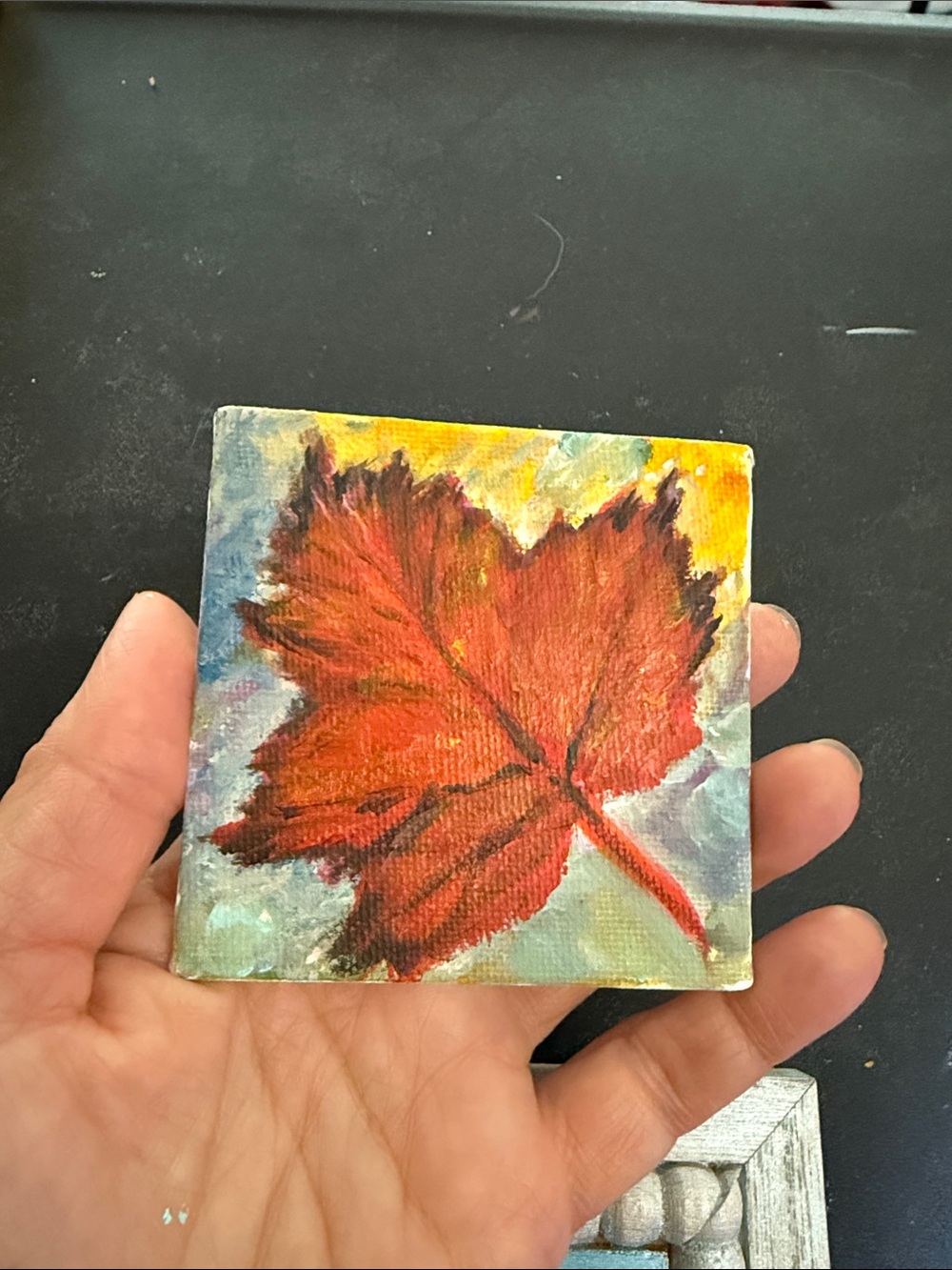 Original Hand-Painted Red Leaf Canvas Art/ magnet for fridge, locker 3”x3”